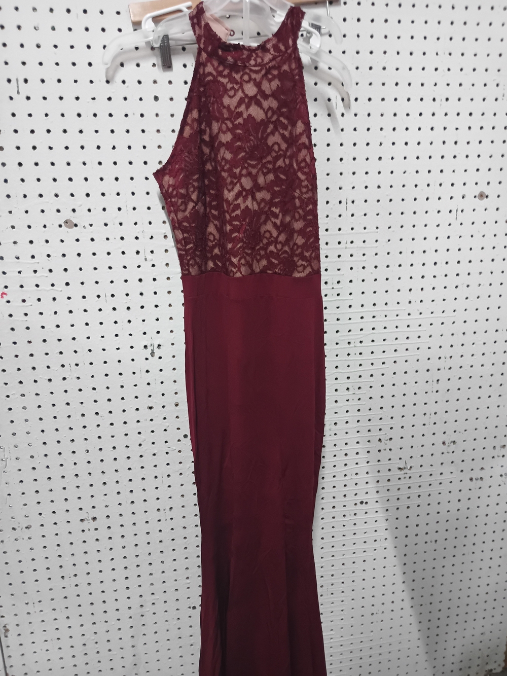 Burgundy Lace Halter Evening Gown